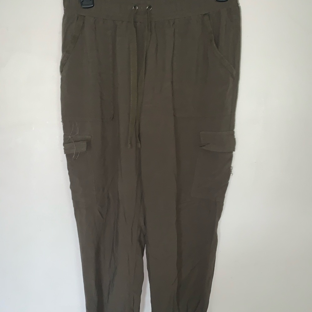 Olive green joggers, with ruched ankle/ 100% Rayon